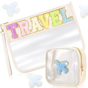 2 Pcs Clear Travel Bags Chenille Letter Makeup Cosmetic Toiletry Bags Weekend🦎
